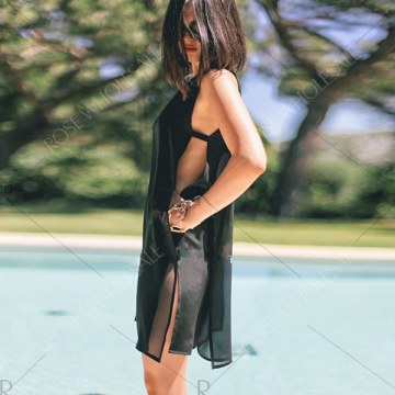 2016 new arrival summer style sexy high side split design woman sleeveless fashion chiffon dress - Black