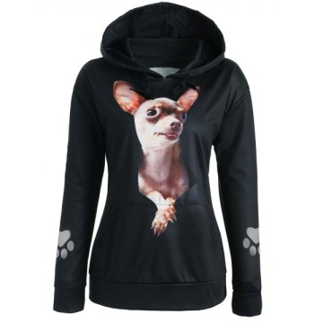 3D Dog Print Drop houlder Hoodie - Black