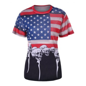 American Flag and Skull Printed T-shirt - Black