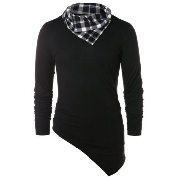 Asymmetric Checked Pattern Pile Heap Collar T-shirt - Black