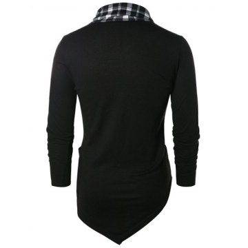 Asymmetric Checked Pattern Pile Heap Collar T-shirt - Black