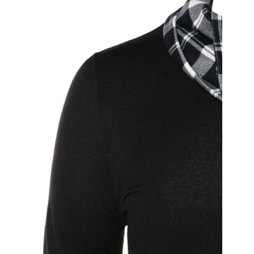 Asymmetric Checked Pattern Pile Heap Collar T-shirt - Black