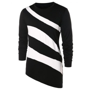 Asymmetric Color Block Long Sleeve T-shirt - Black