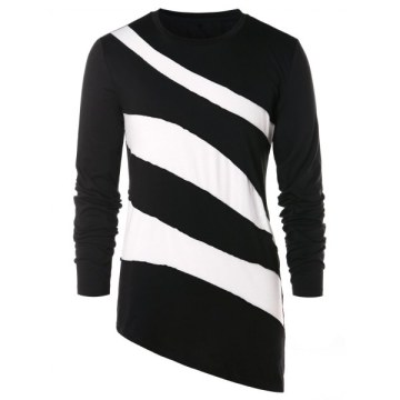 Asymmetric Color Block Long Sleeve T-shirt - Black
