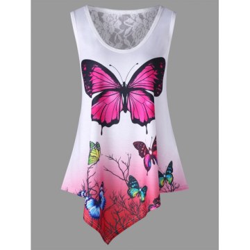 Asymmetrical Butterfly Print Ombre Color Tank Top - White