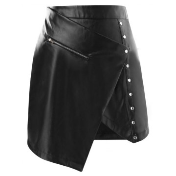 Asymmetrical High Waisted Faux eather Skirt - Black