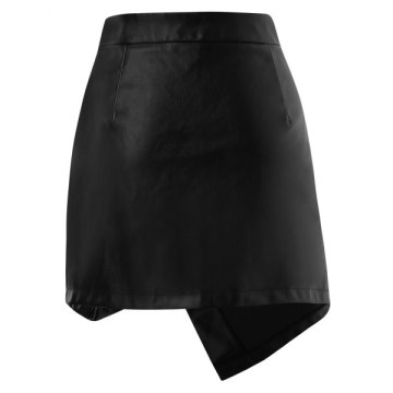 Asymmetrical High Waisted Faux eather Skirt - Black