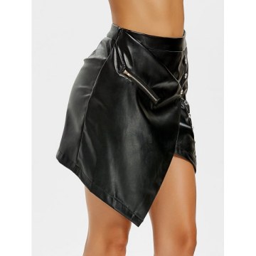 Asymmetrical High Waisted Faux eather Skirt - Black