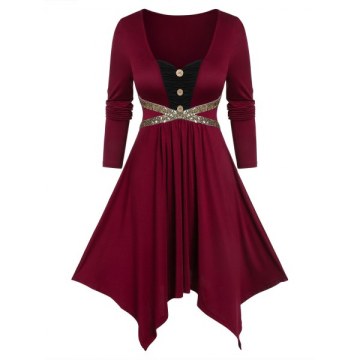 Asymmetrical Sweetheart Neck Sequined Dress - Red Wine