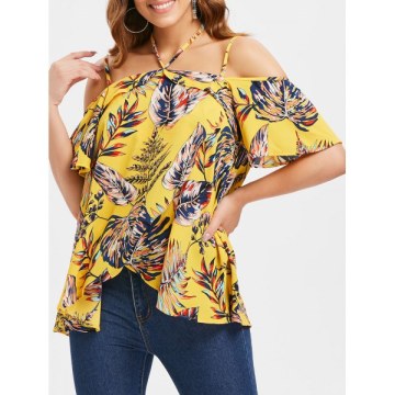 Asymmetrical Tropical Print Blouse - Yellow
