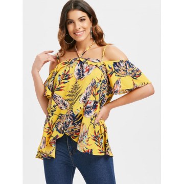 Asymmetrical Tropical Print Blouse - Yellow