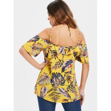 Asymmetrical Tropical Print Blouse - Yellow