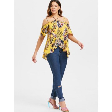 Asymmetrical Tropical Print Blouse - Yellow
