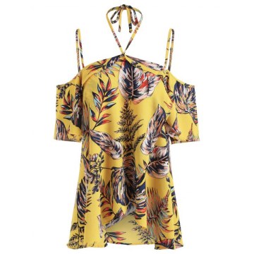 Asymmetrical Tropical Print Blouse - Yellow