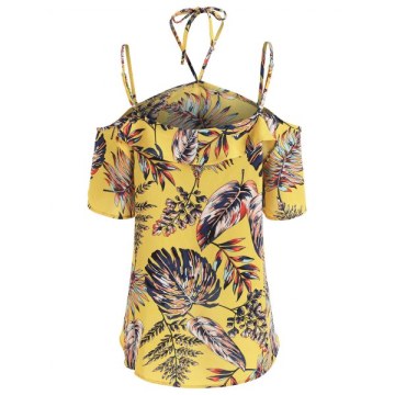 Asymmetrical Tropical Print Blouse - Yellow