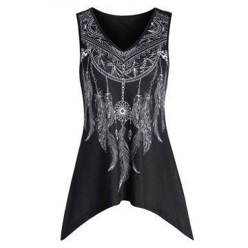 Asymmetrical V Neck Printed Tank Top - Black