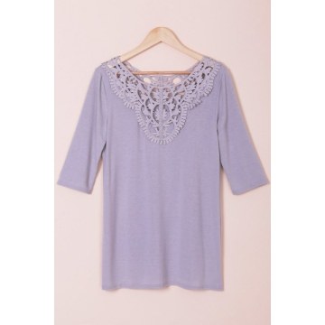 Attractive Solid Color Hollow Out Crochet 3/4 Sleeve T-Shirt For Women - Gray