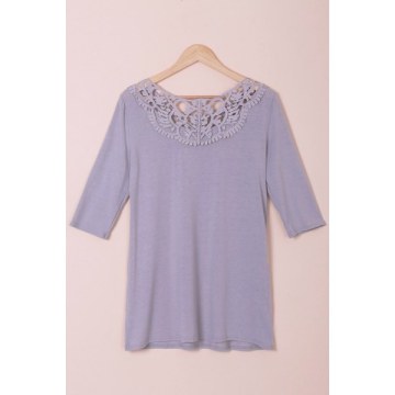 Attractive Solid Color Hollow Out Crochet 3/4 Sleeve T-Shirt For Women - Gray