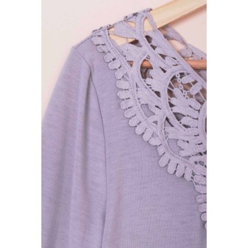 Attractive Solid Color Hollow Out Crochet 3/4 Sleeve T-Shirt For Women - Gray