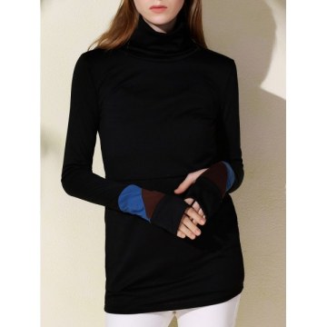 Attractive Turtleneck Long Sleeve Sheathy Pullover Sweatshirt For Women - Black
