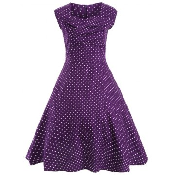 Audrey Hepburn Style Tiny Polka Dot Pattern Swing Skater Dress - Purple
