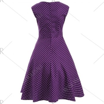 Audrey Hepburn Style Tiny Polka Dot Pattern Swing Skater Dress - Purple