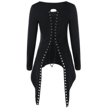 Back Lace-up Long Sleeve High Low Top - Black