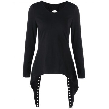 Back Lace-up Long Sleeve High Low Top - Black