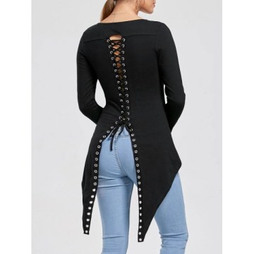 Back Lace-up Long Sleeve High Low Top - Black