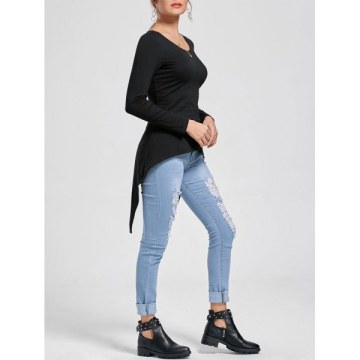 Back Lace-up Long Sleeve High Low Top - Black