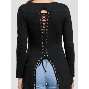 Back Lace-up Long Sleeve High Low Top - Black