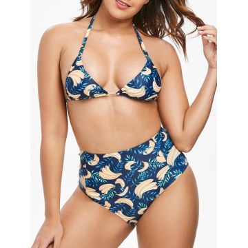 Banana Print High Rise Bikini Set - idnight Blue