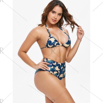 Banana Print High Rise Bikini Set - idnight Blue