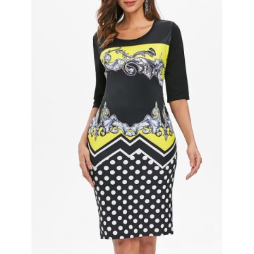 Baroque Print Polka Dot Dress - Yellow