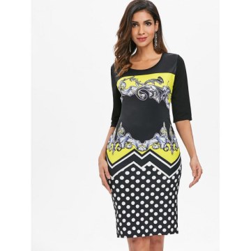 Baroque Print Polka Dot Dress - Yellow
