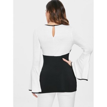 Bell Sleeve Color Block Cut Out T-shirt - Black