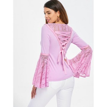 Bell Sleeve ace Insert ace Up T-shirt - Mauve
