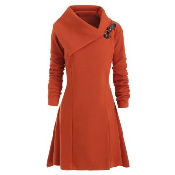 Belt Connected Snap Button Fleece Coat - Papaya Orange