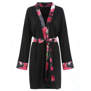 Belted Floral Insert leeping Robe - Black