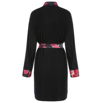 Belted Floral Insert leeping Robe - Black
