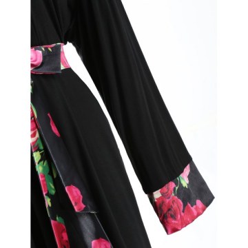 Belted Floral Insert leeping Robe - Black