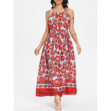 Bohemian Printed Cut Out Maxi Dress - Chestnut Red