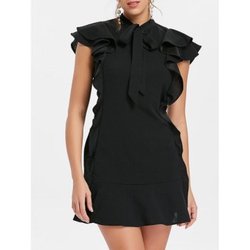 Bow Neck Ruffle Mini Dress - Black