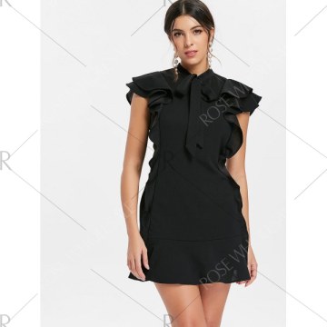 Bow Neck Ruffle Mini Dress - Black