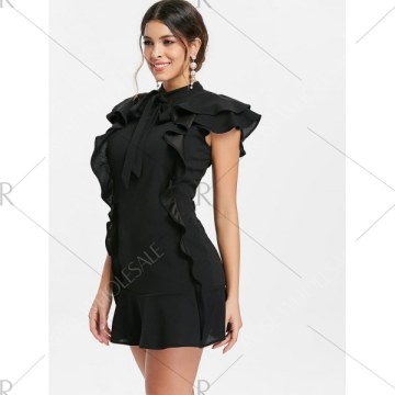 Bow Neck Ruffle Mini Dress - Black