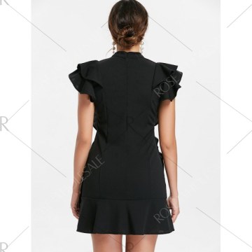 Bow Neck Ruffle Mini Dress - Black