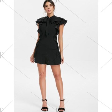 Bow Neck Ruffle Mini Dress - Black