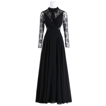 Bowknot Lace Panel Maxi Evening Dress - Black