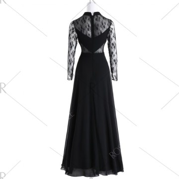 Bowknot Lace Panel Maxi Evening Dress - Black