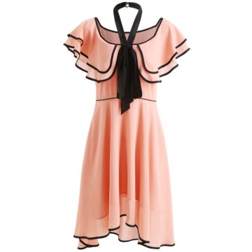 Bowknot Short Sleeve Asymmetrical Dress - Pink Bubblegum